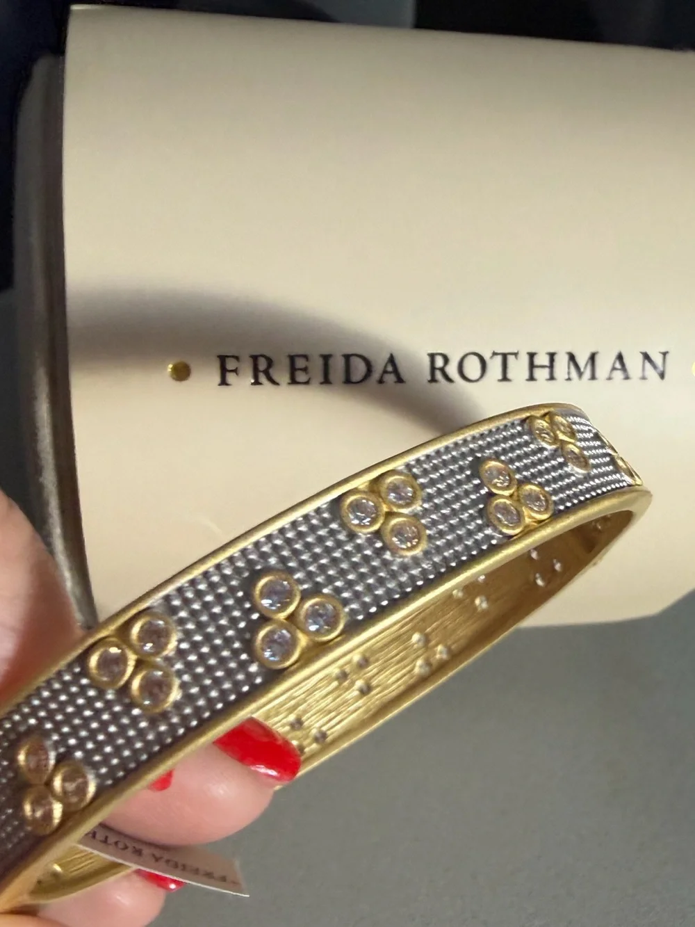Freida Rothman Gold over Silver 925 Crystal Bangle Bracelet, NWT